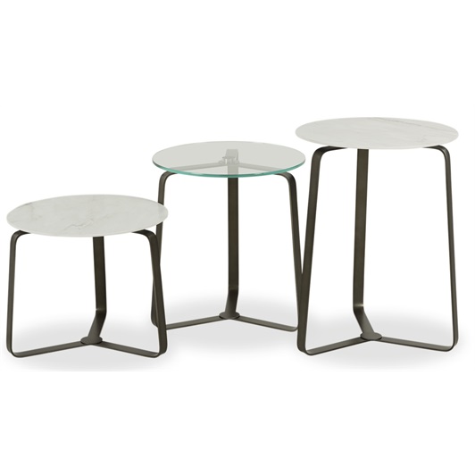 Nest Tables - Raw Metal & White Ceramic Marble & Clear Glass